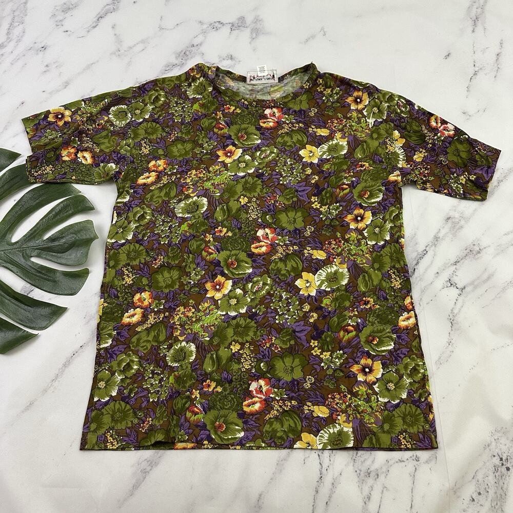 Carol Horn Womens Vintage 90s Floral Tee Size M Green Purple Oversize Boxy Top